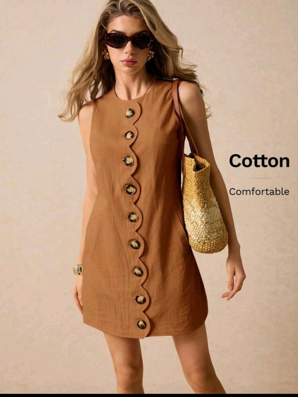 100% Cotton Sleeveless Scallop-Button Brown Women's Top by Poeselle